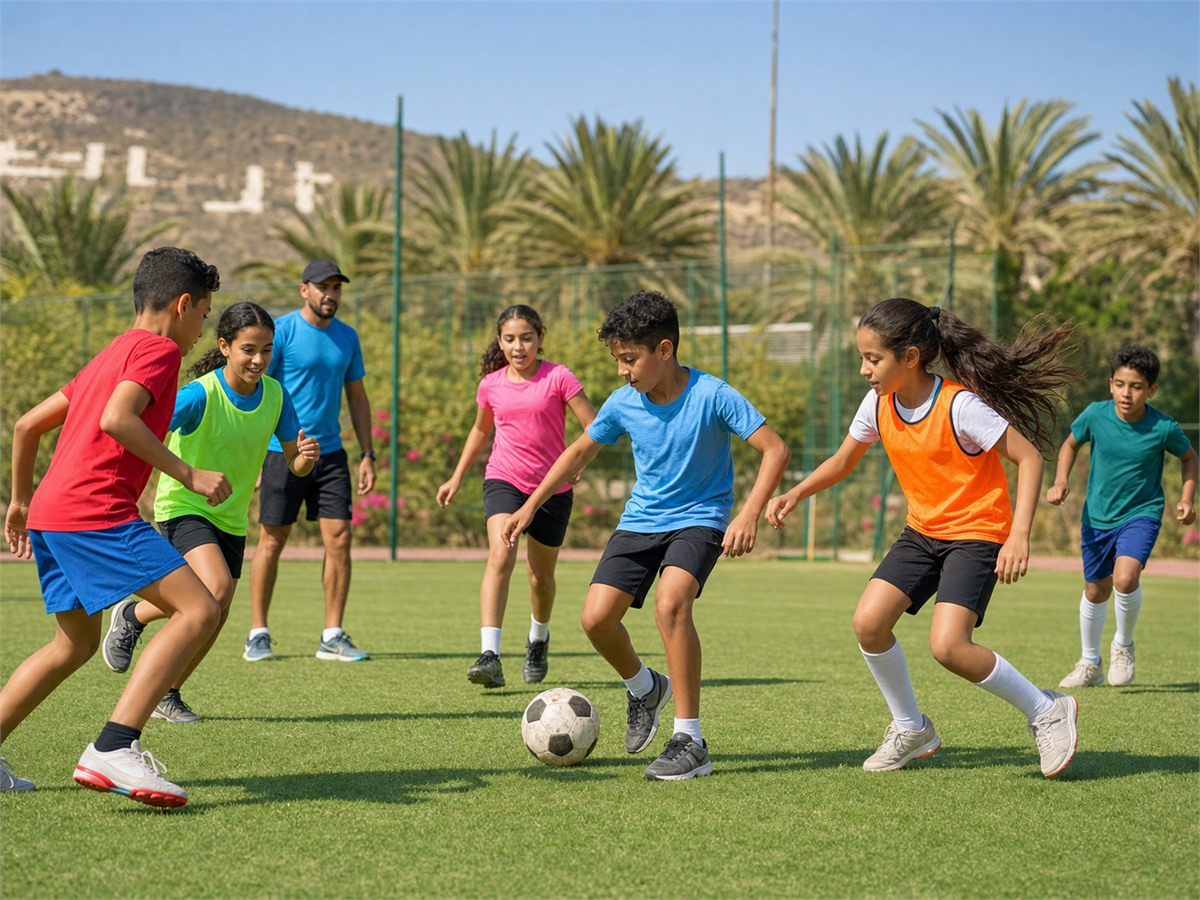 Enfants jouant au football sur un terrain