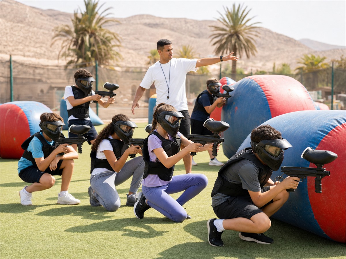 Enfants équipés pour une activité paintball encadrée
