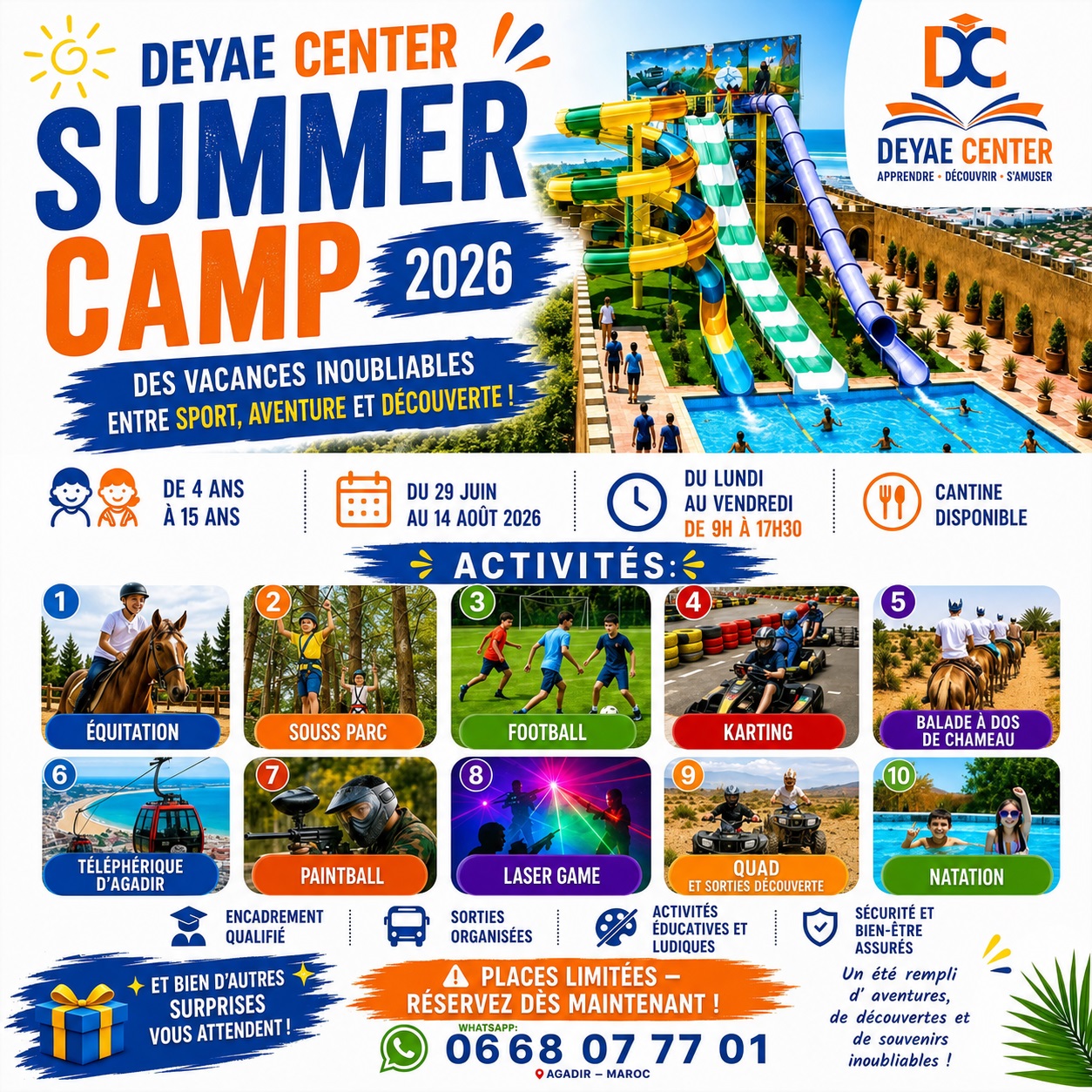 Affiche Deyae Center Summer Camp 2026 avec dates, activités et contact WhatsApp